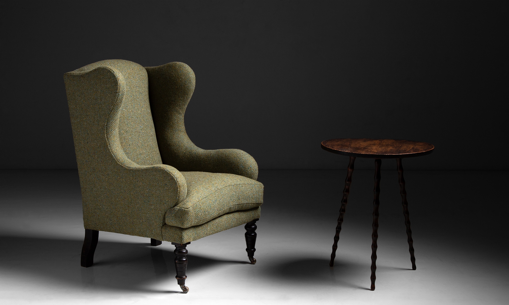 Wing Chair in Herringbone Tweed by Pierre Frey with Oak Bobbin Table